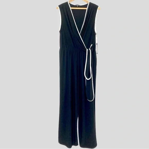 NWT Tahari USA Women’s 2X Liquid Knit Wide Leg Black & White Sleeveless Jumpsuit - Picture 1 of 9